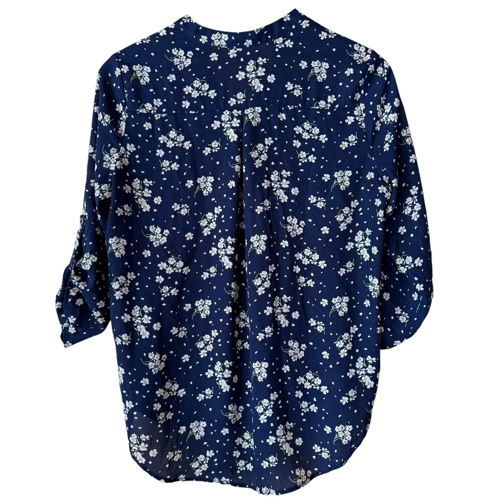 Lush Navy Blue Floral Roll Tab Sleeve V-Neck Blouse Womens Medium